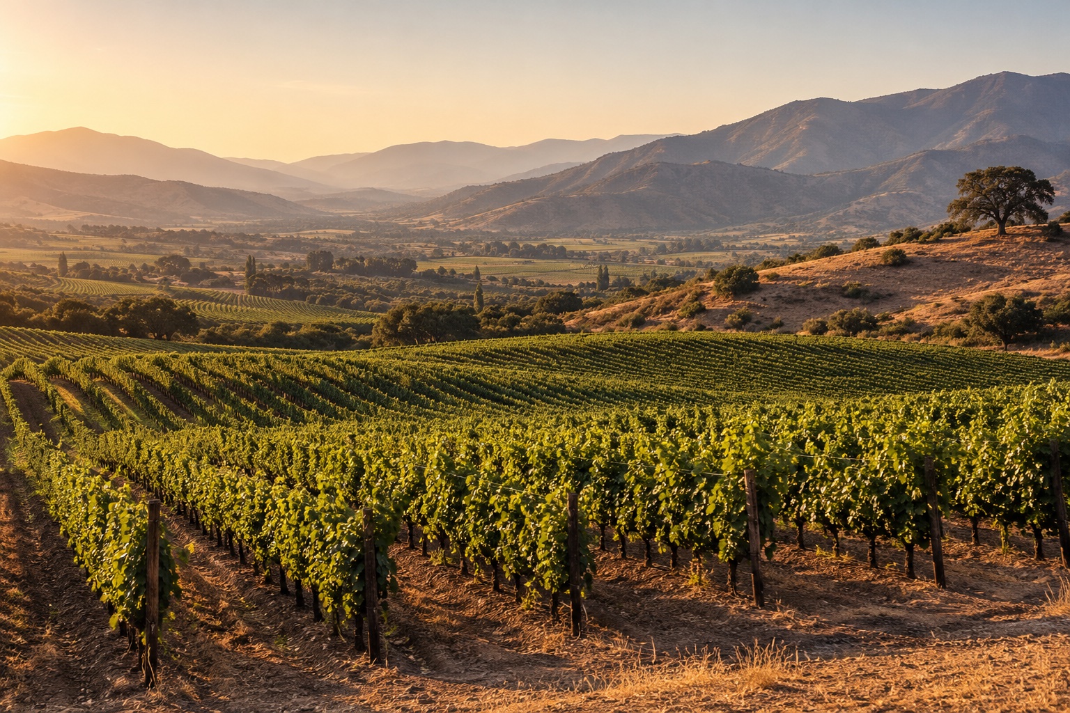 An expansive vineyard landscape with green vines and golden hills