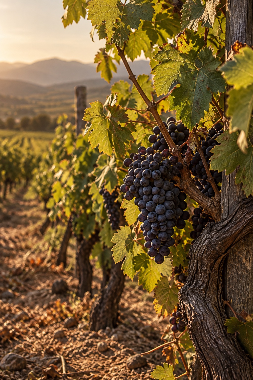 Dark grapes on a mature vine in the warm afternoon light